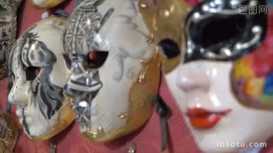 近距离拍摄的三个艺术复古威尼斯面具暴露在商店手工嘉年华配件